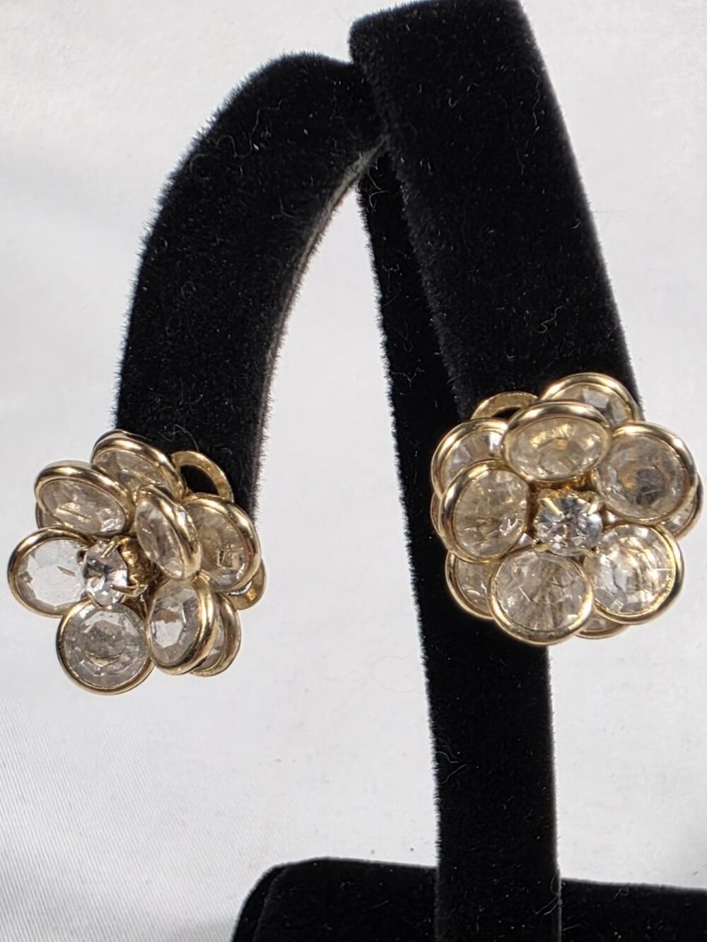 Vintage Bezel Set Clear Rhinestone Gold Tone 3D Flower Cluster Earrings